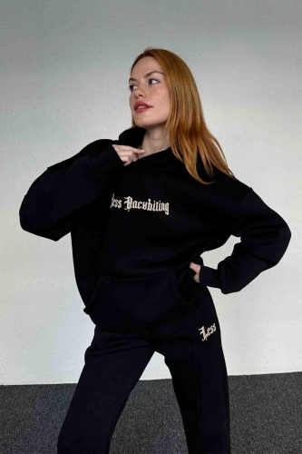 TKM-03643 Siyah Less Kabartma Yazı Baskılı Kapüşonlu Sweatshirt Jogger Üç İplik Şardonlu İkili Takım - 2