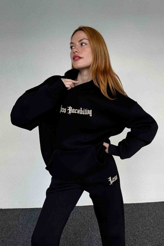 TKM-03643 Siyah Less Kabartma Yazı Baskılı Kapüşonlu Sweatshirt Jogger Üç İplik Şardonlu İkili Takım - 2