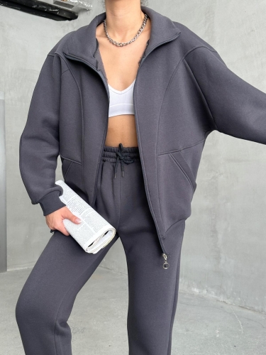 TKM-03644 Füme Parçalı Salaş Fermuarlı Hırka Jogger Eşofman Üç İplik Şardonlu İkili Takım 