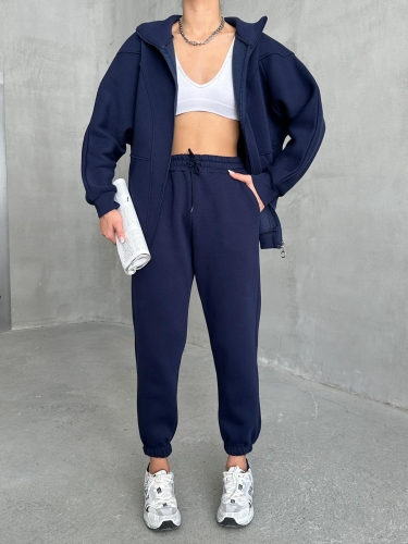 TKM-03644 Lacivert Parçalı Salaş Fermuarlı Hırka Jogger Eşofman Üç İplik Şardonlu İkili Takım 