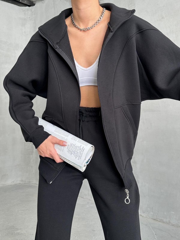 TKM-03644 Siyah Parçalı Salaş Fermuarlı Hırka Jogger Eşofman Üç İplik Şardonlu İkili Takım - 1
