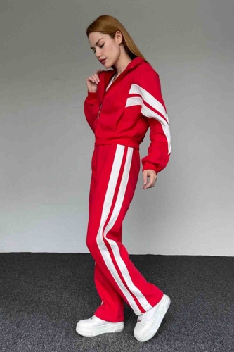 TKM-03648 Kırmızı V Çift Şeritli Fermuarlı Sweatshirt Salaş Eşofman İkili Takım 