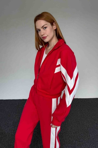 TKM-03648 Kırmızı V Çift Şeritli Fermuarlı Sweatshirt Salaş Eşofman İkili Takım - 2