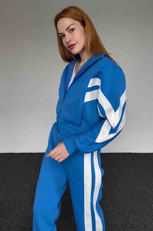 TKM-03648 Mavi V Çift Şeritli Fermuarlı Sweatshirt Salaş Eşofman İkili Takım - 2