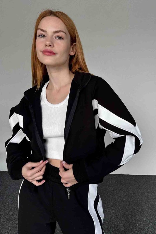 TKM-03648 Siyah V Çift Şeritli Fermuarlı Sweatshirt Salaş Eşofman İkili Takım - 2