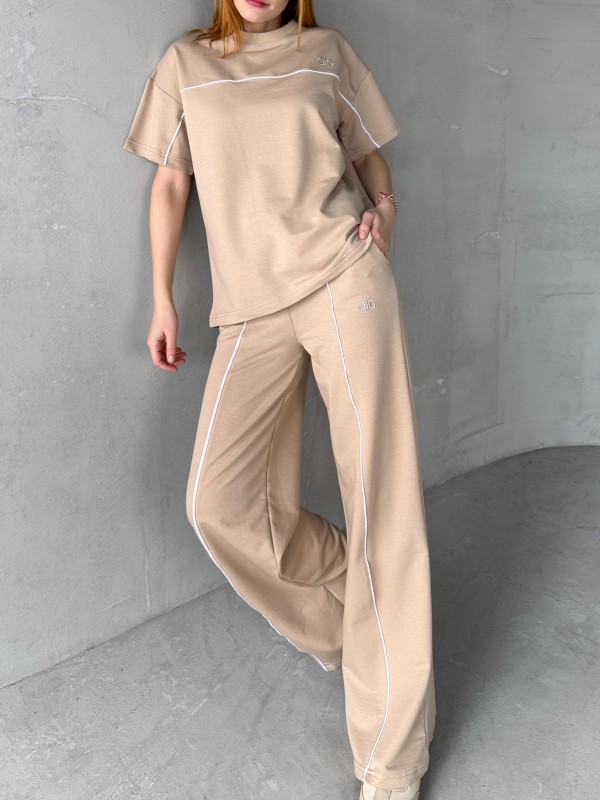 TKM-03653 Bej Rengi Muadil Kumaş Bisiklet Yaka Tshirt Bel Lastikli Palazzo Alt Biyeli İkili Takım