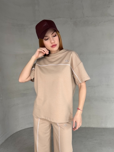 TKM-03653 Bej Rengi Muadil Kumaş Bisiklet Yaka Tshirt Bel Lastikli Palazzo Alt Biyeli İkili Takım - Thumbnail