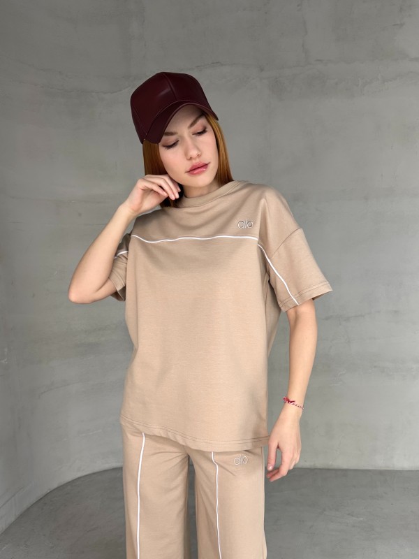 TKM-03653 Bej Rengi Muadil Kumaş Bisiklet Yaka Tshirt Bel Lastikli Palazzo Alt Biyeli İkili Takım