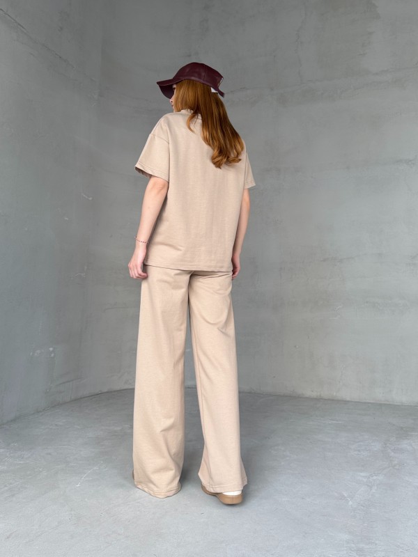 TKM-03653 Bej Rengi Muadil Kumaş Bisiklet Yaka Tshirt Bel Lastikli Palazzo Alt Biyeli İkili Takım