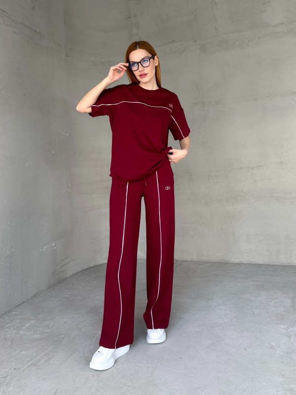 TKM-03653 Bordo Muadil Kumaş Bisiklet Yaka Tshirt Bel Lastikli Palazzo Alt Biyeli İkili Takım - 1