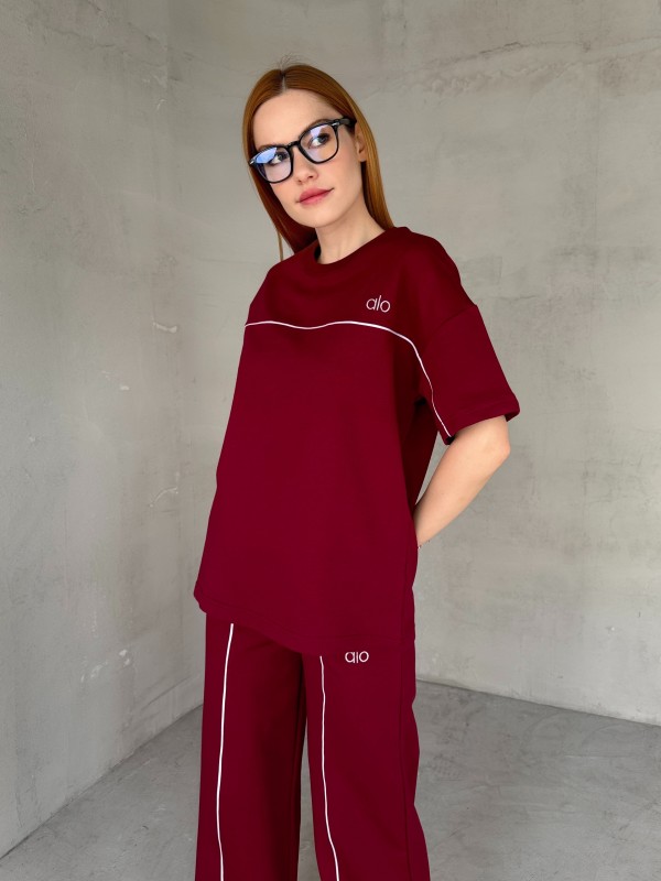 TKM-03653 Bordo Muadil Kumaş Bisiklet Yaka Tshirt Bel Lastikli Palazzo Alt Biyeli İkili Takım - 2
