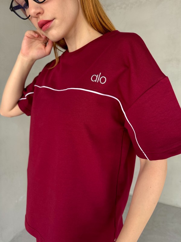 TKM-03653 Bordo Muadil Kumaş Bisiklet Yaka Tshirt Bel Lastikli Palazzo Alt Biyeli İkili Takım - 3