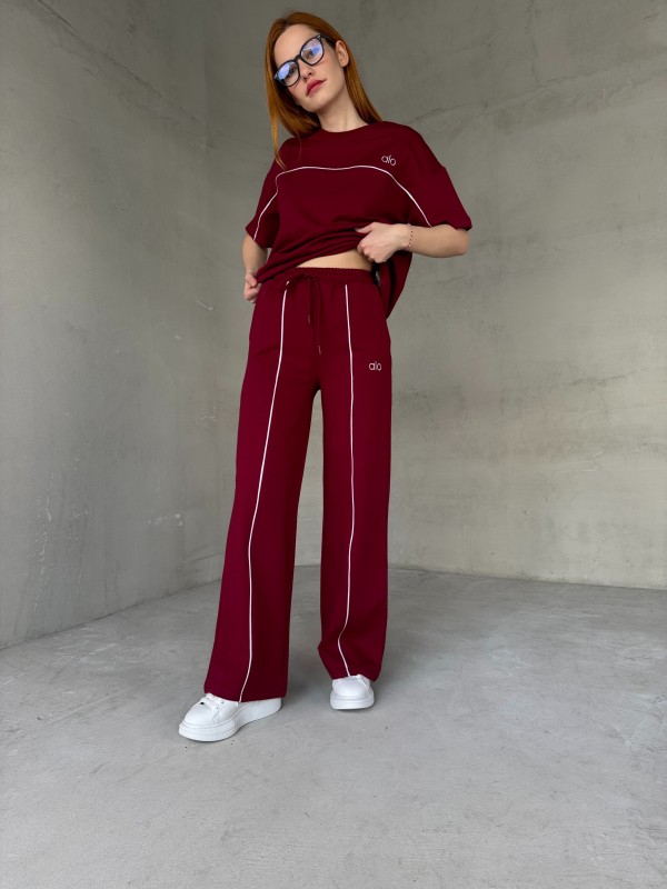 TKM-03653 Bordo Muadil Kumaş Bisiklet Yaka Tshirt Bel Lastikli Palazzo Alt Biyeli İkili Takım - 5
