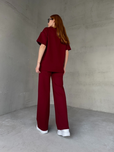 TKM-03653 Bordo Muadil Kumaş Bisiklet Yaka Tshirt Bel Lastikli Palazzo Alt Biyeli İkili Takım - 6