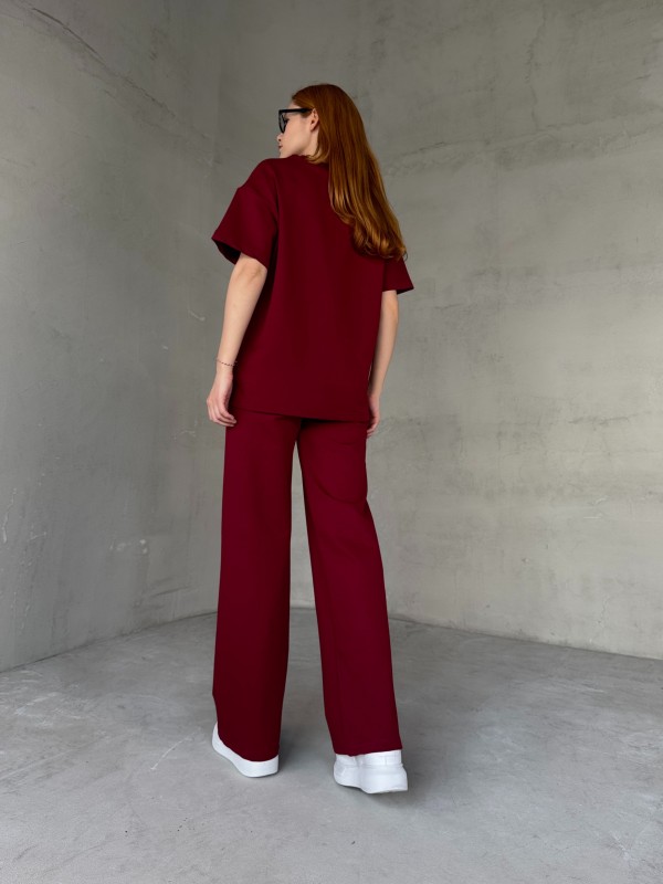 TKM-03653 Bordo Muadil Kumaş Bisiklet Yaka Tshirt Bel Lastikli Palazzo Alt Biyeli İkili Takım - 6
