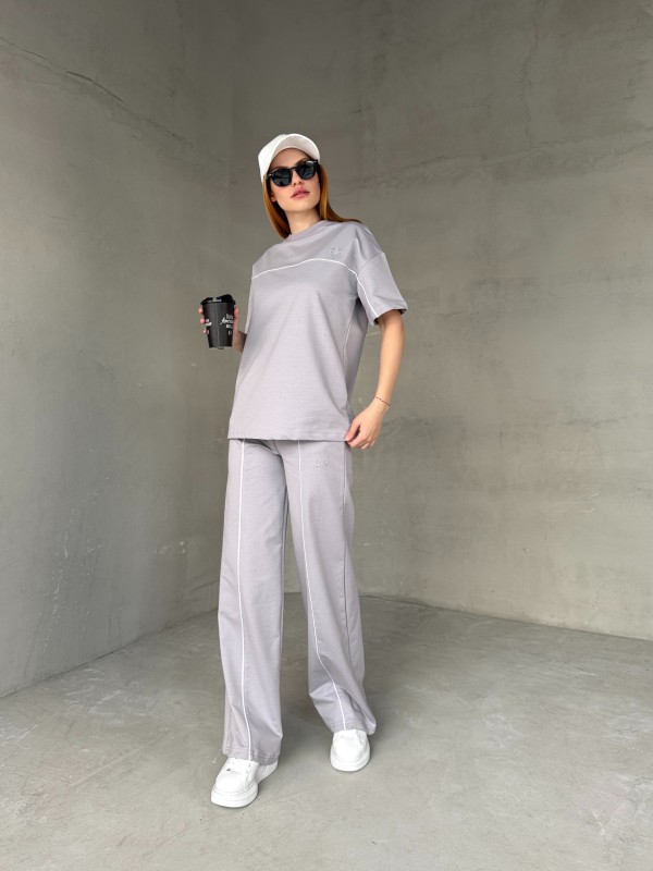 TKM-03653 Boyama Gri Muadil Kumaş Bisiklet Yaka Tshirt Bel Lastikli Palazzo Alt Biyeli İkili Takım