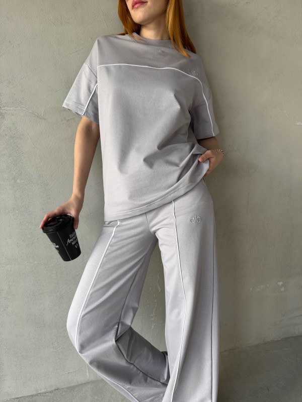 TKM-03653 Boyama Gri Muadil Kumaş Bisiklet Yaka Tshirt Bel Lastikli Palazzo Alt Biyeli İkili Takım