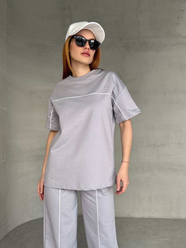 TKM-03653 Boyama Gri Muadil Kumaş Bisiklet Yaka Tshirt Bel Lastikli Palazzo Alt Biyeli İkili Takım
