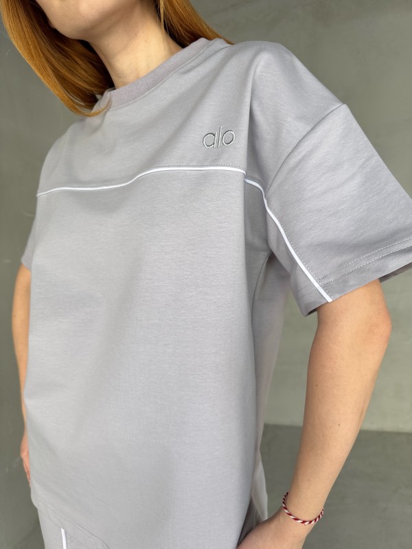 TKM-03653 Boyama Gri Muadil Kumaş Bisiklet Yaka Tshirt Bel Lastikli Palazzo Alt Biyeli İkili Takım