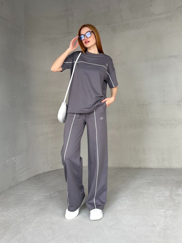 TKM-03653 Füme Muadil Kumaş Bisiklet Yaka Tshirt Bel Lastikli Palazzo Alt Biyeli İkili Takım