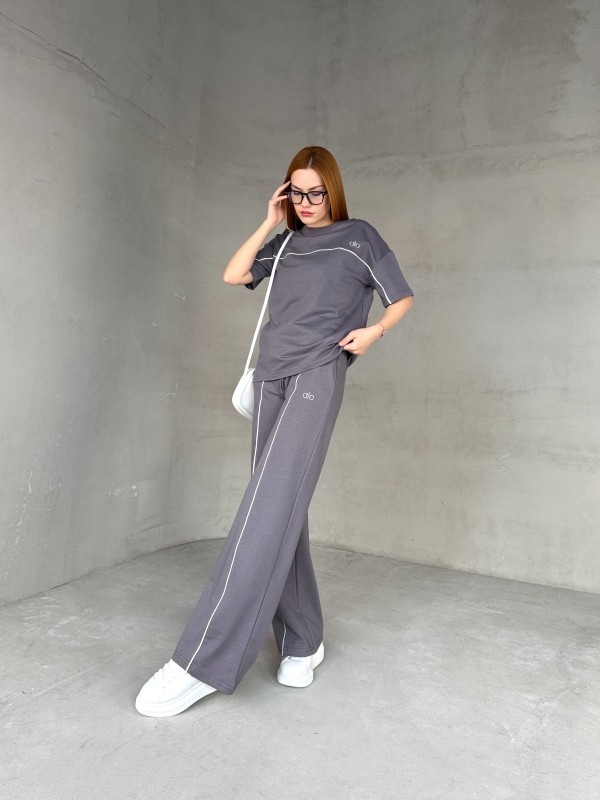 TKM-03653 Füme Muadil Kumaş Bisiklet Yaka Tshirt Bel Lastikli Palazzo Alt Biyeli İkili Takım