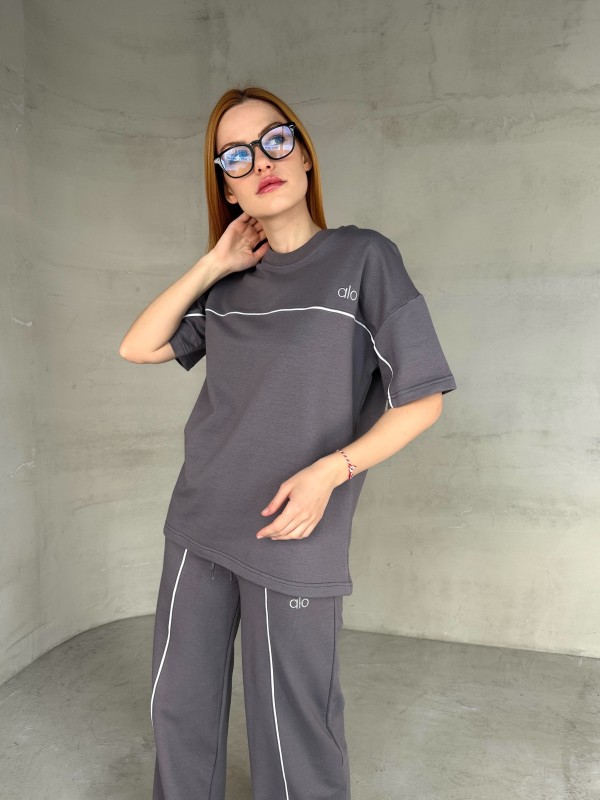 TKM-03653 Füme Muadil Kumaş Bisiklet Yaka Tshirt Bel Lastikli Palazzo Alt Biyeli İkili Takım