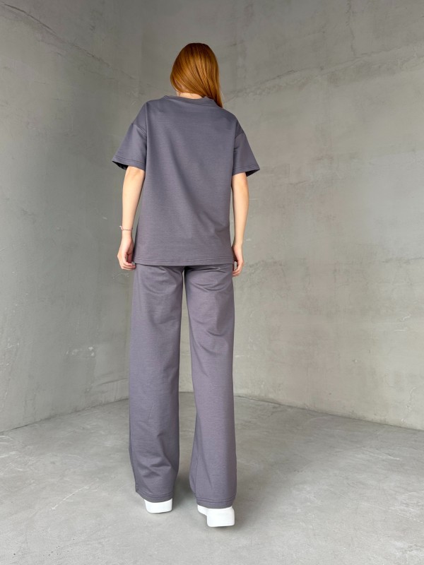 TKM-03653 Füme Muadil Kumaş Bisiklet Yaka Tshirt Bel Lastikli Palazzo Alt Biyeli İkili Takım