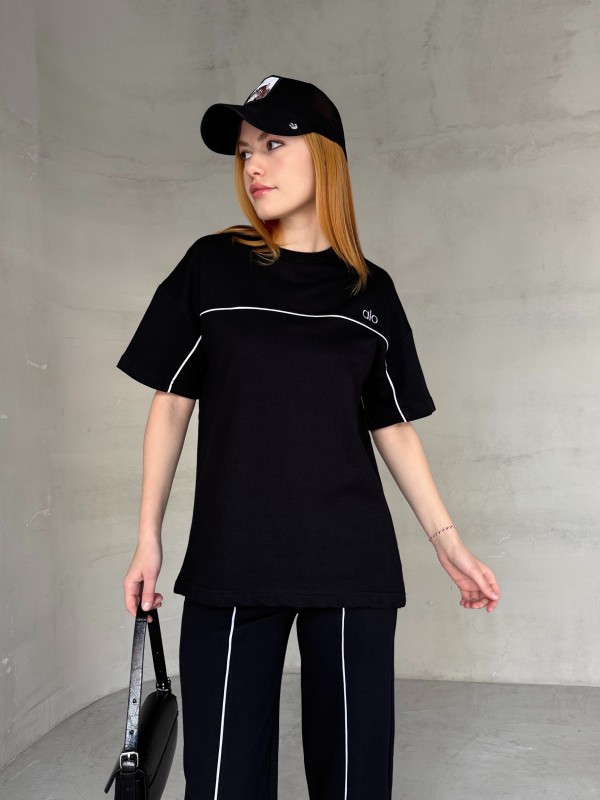 TKM-03653 Siyah Muadil Kumaş Bisiklet Yaka Tshirt Bel Lastikli Palazzo Alt Biyeli İkili Takım