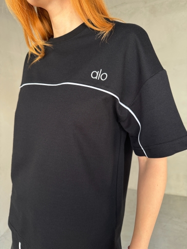 TKM-03653 Siyah Muadil Kumaş Bisiklet Yaka Tshirt Bel Lastikli Palazzo Alt Biyeli İkili Takım - Thumbnail