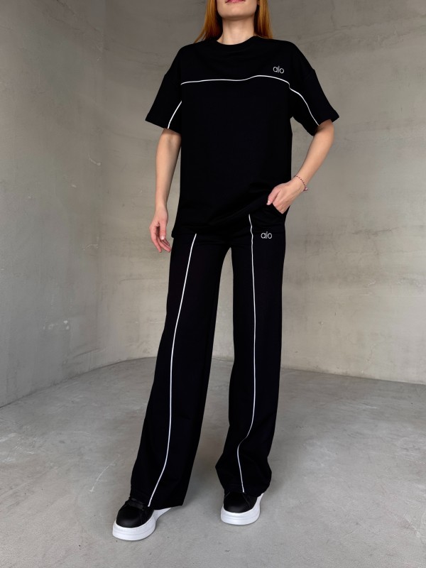 TKM-03653 Siyah Muadil Kumaş Bisiklet Yaka Tshirt Bel Lastikli Palazzo Alt Biyeli İkili Takım