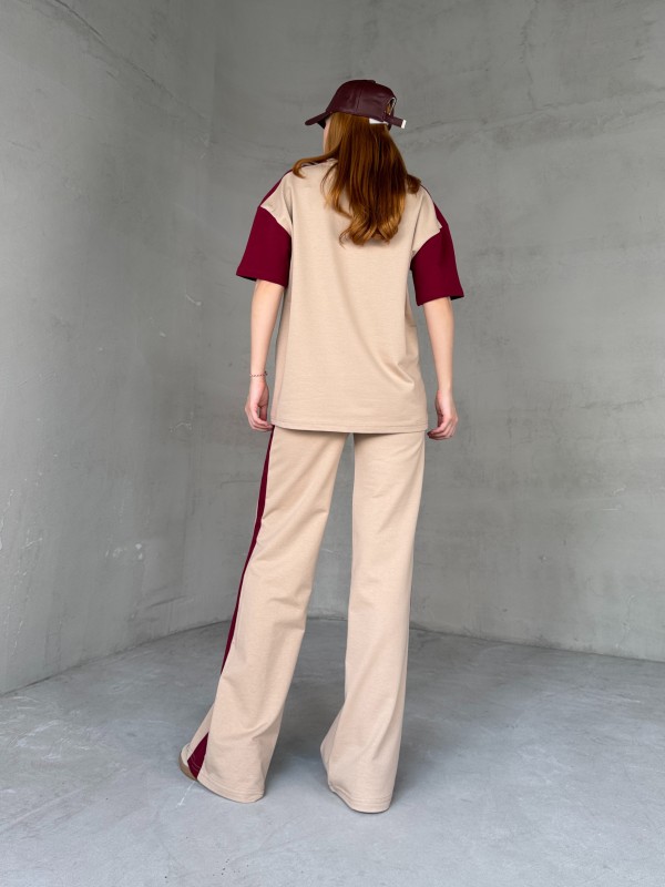 TKM-03654 Bej Bordo P Nakışlı Bisiklet Yaka Tshirt Bel Lastikli Palazzo Alt İkili Takım