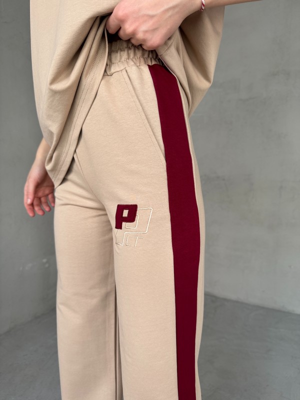 TKM-03654 Bej Bordo P Nakışlı Bisiklet Yaka Tshirt Bel Lastikli Palazzo Alt İkili Takım