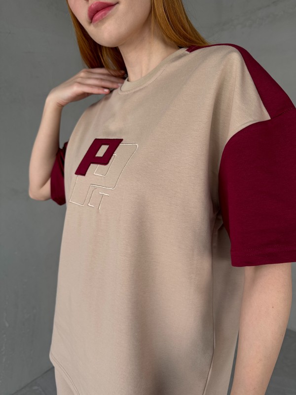 TKM-03654 Bej Bordo P Nakışlı Bisiklet Yaka Tshirt Bel Lastikli Palazzo Alt İkili Takım