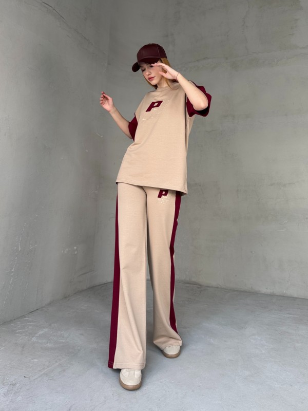 TKM-03654 Bej Bordo P Nakışlı Bisiklet Yaka Tshirt Bel Lastikli Palazzo Alt İkili Takım