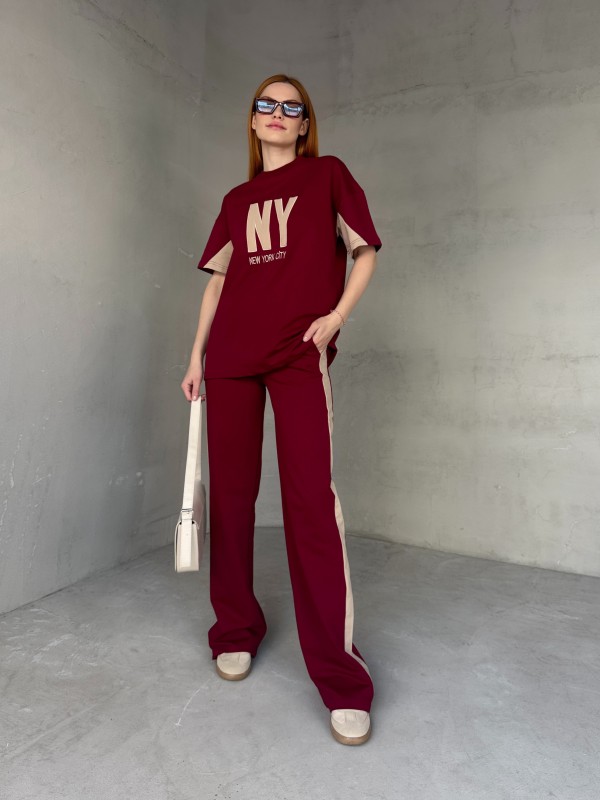 TKM-03655 Bordo Krem NY Nakışlı Bisiklet Yaka Tshirt Bel Lastikli Palazzo Alt İkili Takım - 1