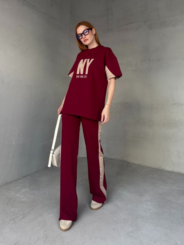 TKM-03655 Bordo Krem NY Nakışlı Bisiklet Yaka Tshirt Bel Lastikli Palazzo Alt İkili Takım - 4