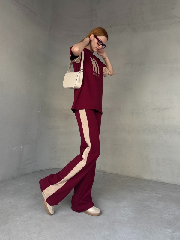 TKM-03655 Bordo Krem NY Nakışlı Bisiklet Yaka Tshirt Bel Lastikli Palazzo Alt İkili Takım - 5