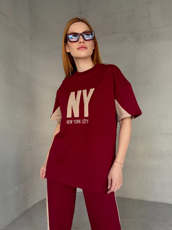 TKM-03655 Bordo Krem NY Nakışlı Bisiklet Yaka Tshirt Bel Lastikli Palazzo Alt İkili Takım - 6