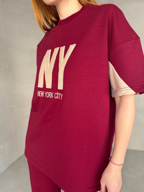 TKM-03655 Bordo Krem NY Nakışlı Bisiklet Yaka Tshirt Bel Lastikli Palazzo Alt İkili Takım - 2