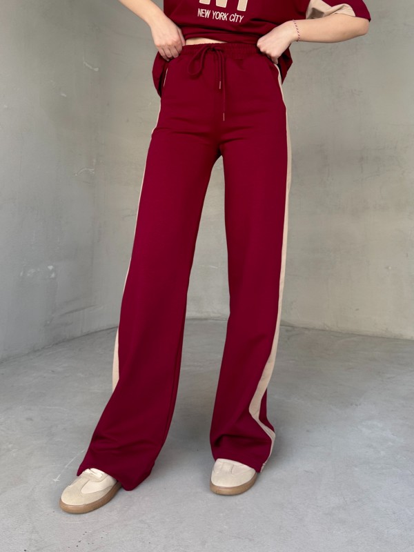 TKM-03655 Bordo Krem NY Nakışlı Bisiklet Yaka Tshirt Bel Lastikli Palazzo Alt İkili Takım - 7