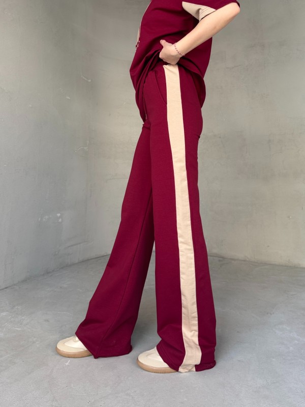 TKM-03655 Bordo Krem NY Nakışlı Bisiklet Yaka Tshirt Bel Lastikli Palazzo Alt İkili Takım - 3