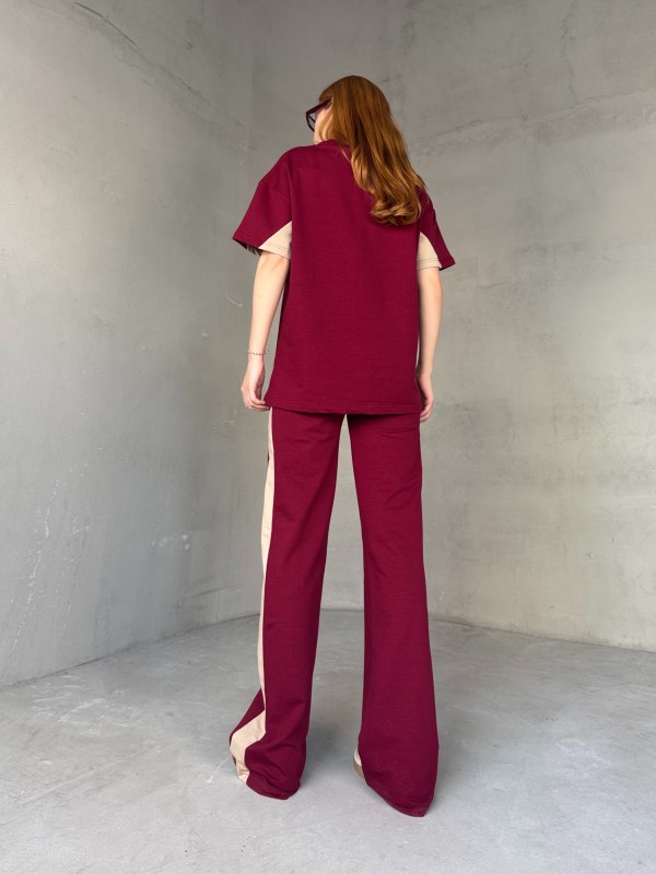 TKM-03655 Bordo Krem NY Nakışlı Bisiklet Yaka Tshirt Bel Lastikli Palazzo Alt İkili Takım - 8