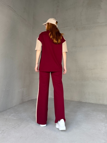 TKM-03654 Bordo Bej P Nakışlı Bisiklet Yaka Tshirt Bel Lastikli Palazzo Alt İkili Takım - Thumbnail