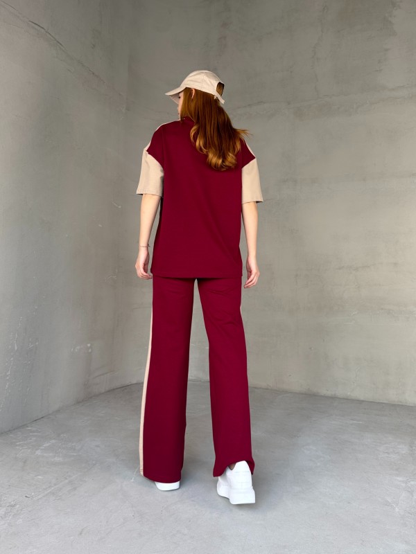 TKM-03654 Bordo Bej P Nakışlı Bisiklet Yaka Tshirt Bel Lastikli Palazzo Alt İkili Takım