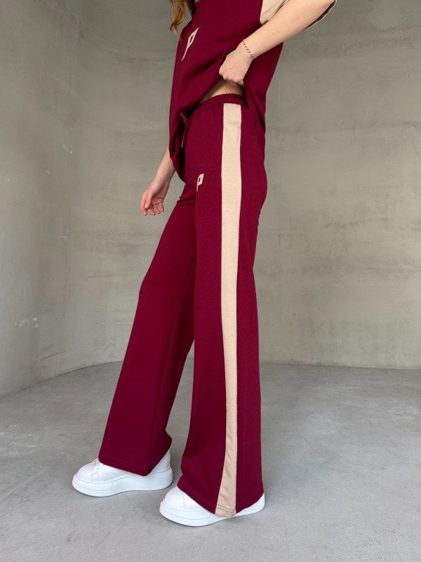 TKM-03654 Bordo Bej P Nakışlı Bisiklet Yaka Tshirt Bel Lastikli Palazzo Alt İkili Takım