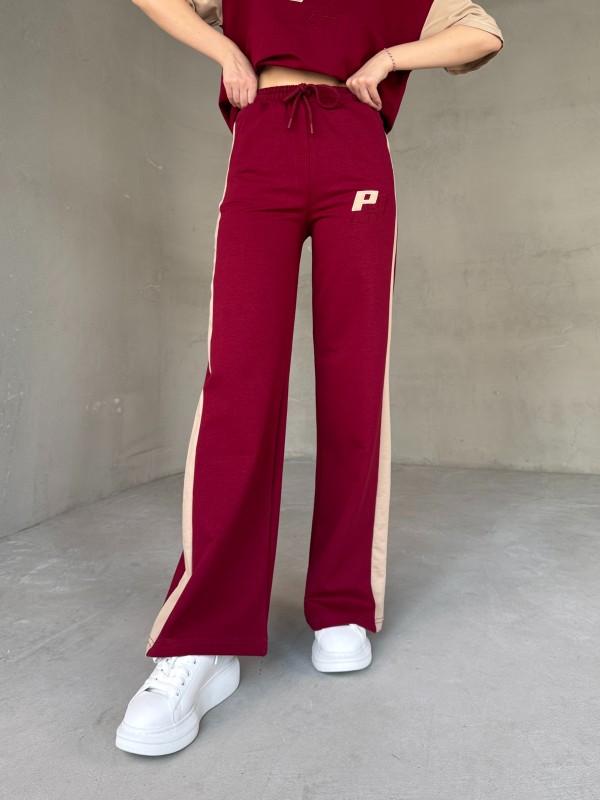 TKM-03654 Bordo Bej P Nakışlı Bisiklet Yaka Tshirt Bel Lastikli Palazzo Alt İkili Takım