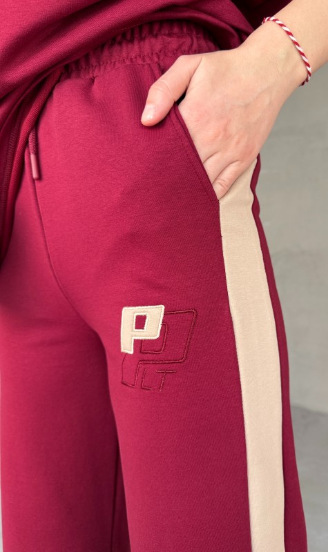 TKM-03654 Bordo Bej P Nakışlı Bisiklet Yaka Tshirt Bel Lastikli Palazzo Alt İkili Takım