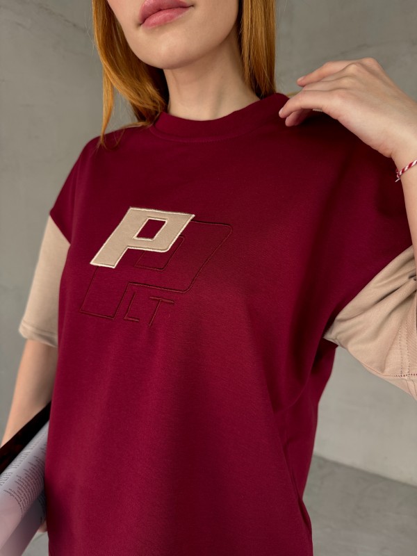 TKM-03654 Bordo Bej P Nakışlı Bisiklet Yaka Tshirt Bel Lastikli Palazzo Alt İkili Takım