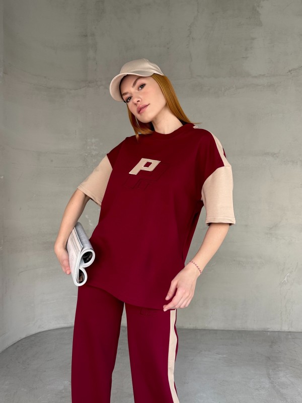 TKM-03654 Bordo Bej P Nakışlı Bisiklet Yaka Tshirt Bel Lastikli Palazzo Alt İkili Takım