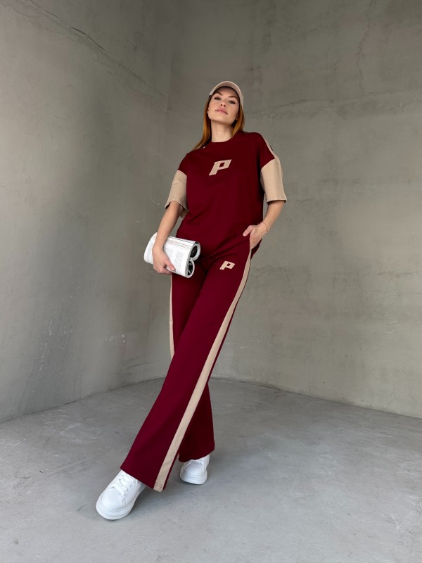 TKM-03654 Bordo Bej P Nakışlı Bisiklet Yaka Tshirt Bel Lastikli Palazzo Alt İkili Takım